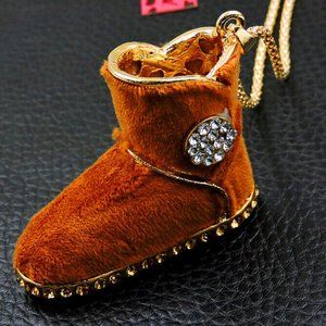 Betsey Johnson Gold and Brown Ugg Plush Boot Necklace Pendant